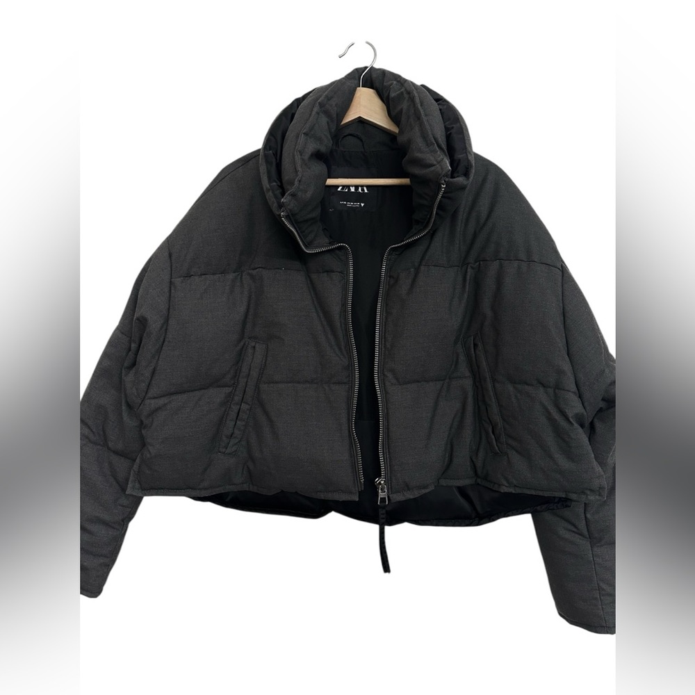 NEW Zara Contrasting High Neck Double Collar Puffer in Grey Size XS - Picture 9 of 16